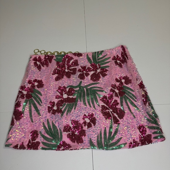 Maje Joustik Sequin Mini Skirt Hibiscus Floral Pink Gold Chain French 38/US M - Picture 2 of 9